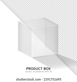 Transparent isometric box for product presentation (cosmetic, medicals, etc.) White empty glass container mockup. 3D realistic packaging, shipping case, cube. Vector illustration EPS 10