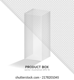 Transparent isometric rectangular box for product presentation (cosmetic, medicals, etc.) White empty glass container mockup. 3D realistic packaging, shipping case, cube. Vector illustration EPS 10