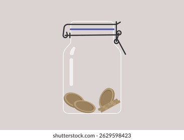 A transparent jar elegantly locked, showcasing a handful of coins resting at the bottom, This setting symbolizes the journey of savings over time, capturing aspirations
