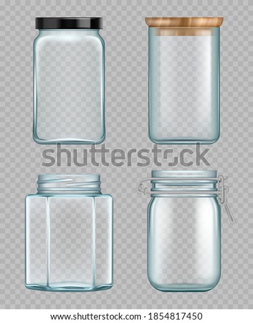 Transparent jar. Empty glass bottles liquid food containers vector realistic mockup