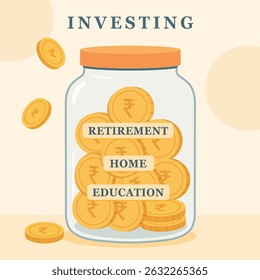 Ein transparentes Glas gefüllt mit etikettierten Münzen wie Ruhestand, Zuhause und Bildung, die zielbasierte Investitionen symbolisieren