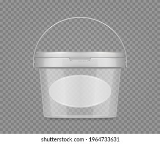Frasco transparente con etiqueta y mango para queso, helado, mayonesa, yogur. Diseño de paquetes de plástico vacío. Plantilla de contenedor de productos alimenticios o de belleza en blanco. 3.ª ilustración vectorial