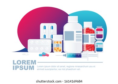 Transparent jar for pills plastic bottle pharmaceutical blister pack with colored pills flat vector illustration on white background horizontal banner greetings card design