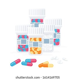 Transparent jar for pills plastic bottle with colored pills flat vector illustration isolated on white background