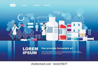 Transparent jar for pills plastic bottle pharmaceutical blister pack with colored pills small medical worker flat vector illustration on blue background horizontal banner web site design