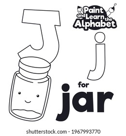 Transparent jar with smiling face ready to be colored didactically during lesson about letter 'J'.