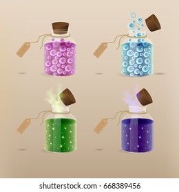 Transparent jars of glass, filled with magical elixirs. Jars of transparent plastic. Bottle, a container with a lid and a label. Opening bottle with magic.