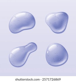 Transparent jelly drops with different organic shapes - circular, oval and curved forms. Glossy bubble texture with light purple gradient effect and tiny scattered reflective spheres on surface.