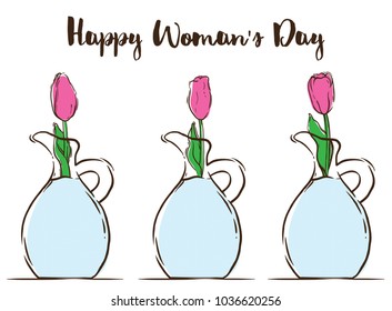 Transparent jug with water and tulip. Handdrawn vector illustration for International Women's Day. Gift for beloved woman, mother, girlfriend on March 8. Set. Handwritten congratulations text. Flower 