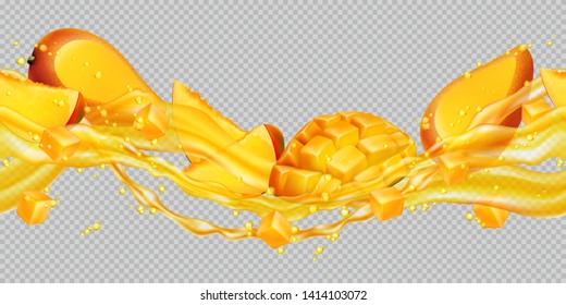 Transparent juice splash with mango. Horizontal splashes pattern and fruit mango. The right and left sides of the illustration seamlessly fit together. Realistic vector illustration.