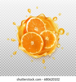 Transparent juice splash with orange slices. Realistic vector illustration.