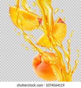Transparent juice splash with peaches. Flow of liquid with drops and fruit. Realistic vector illustration.