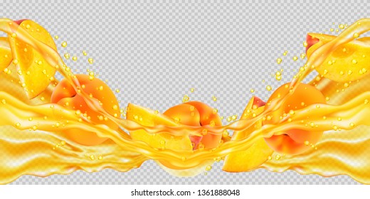 Transparent juice splash with peaches. Horizontal pattern splashes and fruit. The right and left sides of the illustration seamlessly fit together. Realistic vector illustration.