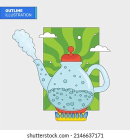 Transparent kettle with boiling water in outline illustration, On the gas stove