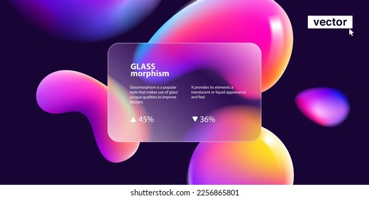 Transparent layout in glassmorphism style on dark background. Glass frame on blurred abstract liquid shapes. Multicolor rainbow website landing page, presentation, phone, bank card vector template.