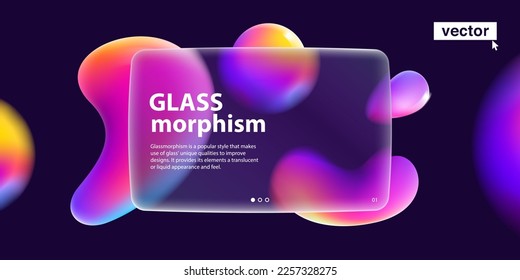 Transparent layout in glassmorphism style on dark background. Glass frame on blurred abstract liquid shapes. Multicolor rainbow website landing page, presentation, phone, bank card vector template.