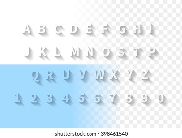 Transparent Letters With Long Shadow. Font With Full Latin Alphabet And Numbers.