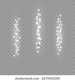 Transparent light arc highlights festive promo. Transparent background fits digital banners and UI. Garland of bulbs curves gently in festive holiday layout. Festive vector set includes curved strands