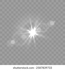 Transparent light burst, lens flare with glowing rays, shining star effect, soft illumination, bokeh highlights, realistic light refraction, bright white explosion, abstract glow overlay, sparkling 