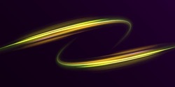 Transparent Light Effect With Crooked Trail And Golden Sparkles. Light Trace Effect. Vector Image Of Green Glitter Trails With Motion Blur Effect, Long Exposure. Neon Motion Glowing Wavy Line.