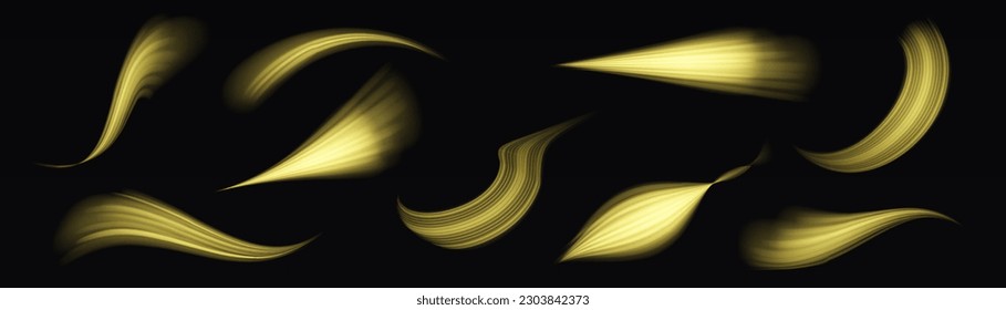 Transparent light effect with crooked trail and golden sparkles. Light trace effect. Vector image of colorful glitter trails with motion blur effect, long exposure. Neon motion glowing wavy line.