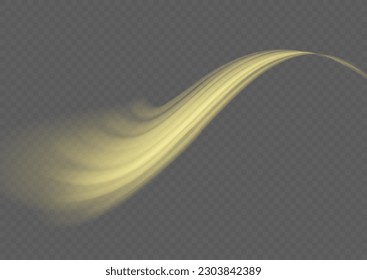 Efecto claro transparente con rastros torcidos y chispas doradas. Efecto de seguimiento luminoso. Imagen vectorial de senderos de brillo colorido con efecto de desenfoque de movimiento, exposición larga. Línea ondulante ondulante de onda.