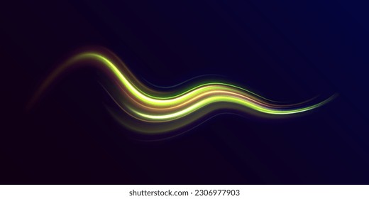 Transparent light effect with crooked trail and golden sparkles. Light trace effect. Vector image of green glitter trails with motion blur effect, long exposure. Neon motion glowing wavy line.