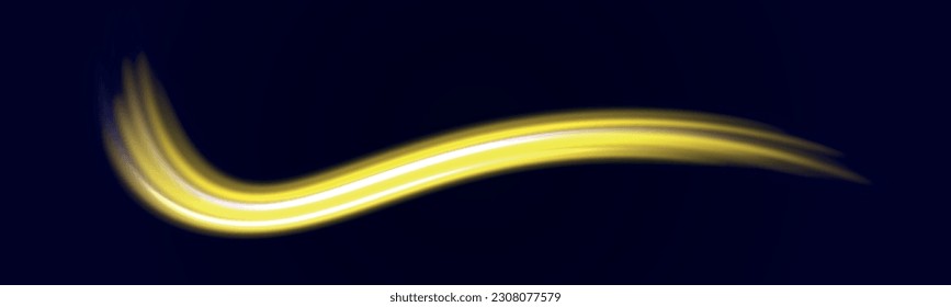 Transparent light effect with crooked trail and golden sparkles. Light trace effect. Vector image of colorful glitter trails with motion blur effect, long exposure. Neon motion glowing wavy line.