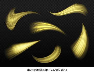 Transparent light effect with crooked trail and golden sparkles. Light trace effect. Vector image of colorful glitter trails with motion blur effect, long exposure. Neon motion glowing wavy line.