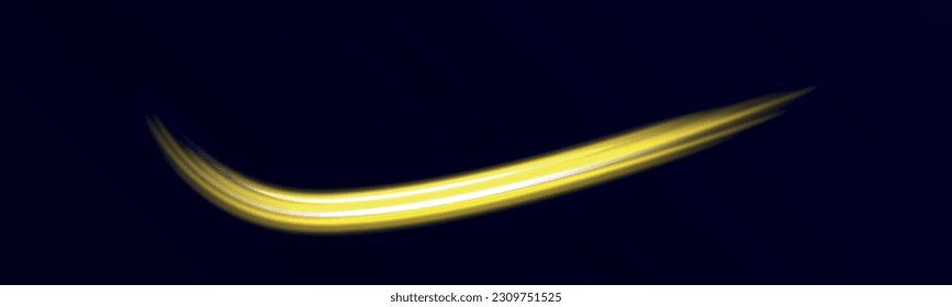 Transparent light effect with crooked trail and golden sparkles. Light trace effect. Vector image of colorful glitter trails with motion blur effect, long exposure. Neon motion glowing wavy line.