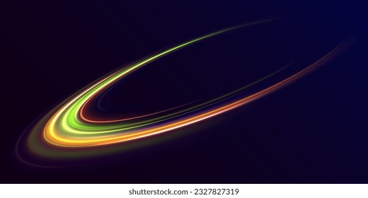 Transparent light effect with crooked trail and golden sparkles. Light trace effect. Vector image of green glitter trails with motion blur effect, long exposure. Neon motion glowing wavy line.