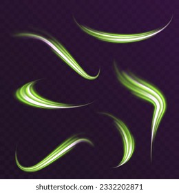 Transparent light effect with crooked trail and golden sparkles. Light trace effect. Vector image of green glitter trails with motion blur effect, long exposure. Neon motion glowing wavy line.