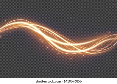 Transparent light effect with curve trail and sparkles. Glowing shiny lines. Abstract light speed motion effect on a transparent background.  Vector illustration.