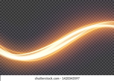 Transparent light effect with curve trail and sparkles. Glowing shiny lines. Abstract light speed motion effect on a transparent background.  Vector illustration.