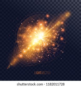 Transparent light effect of glow, yellow explosion or flash with shiny particles. Vector illustration.