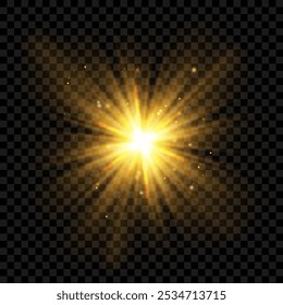 Efecto de luz transparente. Luz solar dorada, sol, rayos láser, rayos de sol con bengalas y destellos. Elemento aislado Abstractas para Web, cumpleaños, año Nuevo y diseños de festivales. Ilustración vectorial brillante.