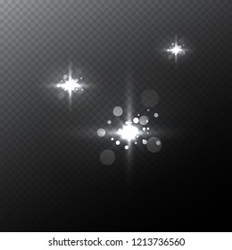 Transparent light effect isolated on dark grey transparent background. Stars blind or shine. Template vector illustration for any modern design. 
