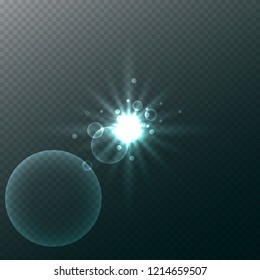 Transparent light effect isolated on dark cyan transparent background. Stars blind or shine. Template vector illustration for any modern design. 