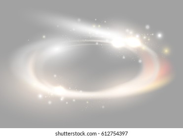 Transparent light effect isolated on gray backdrop.Circular lens flare,sparkling spark. Ellipse border,element trace.Rotational shine shock.Round shiny frame.For web site,cover,poster and wallpaper
