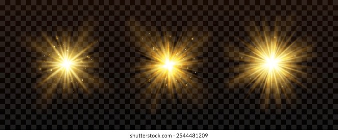 Transparent light effect set. Golden sunlight, sun, laser beams, sunrays with flares. Abstract isolated elements for web, birthday, New Year, festival and show designs. Transparent vector clip art.