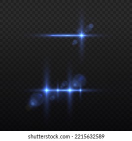 Transparent light flare and sparkles lines set. Effect glare, sun lens rays. Blue lights bokeh glitter and sequins. Shining star explosion, sun particles blur and sparks with highlight effect,  vector