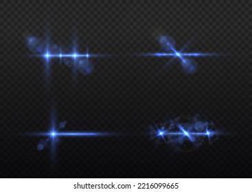 Se establecen líneas de destellos y luces transparentes. Resplandor de efecto, rayos de lente solar. Las luces azules rompen el brillo y las secuencias. Explosión estelar brillante, partículas solares borrosas y chispas con efecto de resaltado, vector