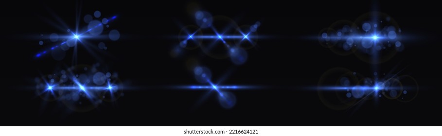 Transparent light flare and sparkles lines set. Effect glare, sun lens rays. Blue lights bokeh glitter and sequins. Shining star explosion, sun particles blur and sparks with highlight effect,  vector