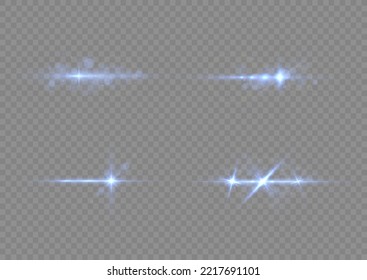 Se establecen líneas de destellos y luces transparentes. Resplandor de efecto, rayos de lente solar. Las luces azules rompen el brillo y las secuencias. Explosión estelar brillante, partículas solares borrosas y chispas con efecto de resaltado, vector