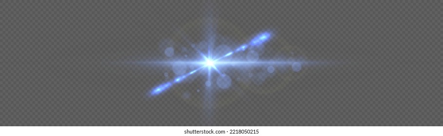 Se establecen líneas de destellos y luces transparentes. Resplandor de efecto, rayos de lente solar. Las luces azules rompen el brillo y las secuencias. Explosión estelar brillante, partículas solares borrosas y chispas con efecto de resaltado, vector