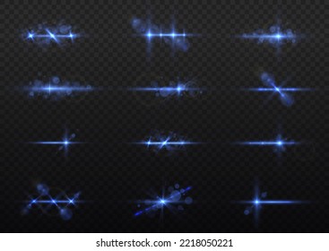 Transparent light flare and sparkles lines set. Effect glare, sun lens rays. Blue lights bokeh glitter and sequins. Shining star explosion, sun particles blur and sparks with highlight effect,  vector