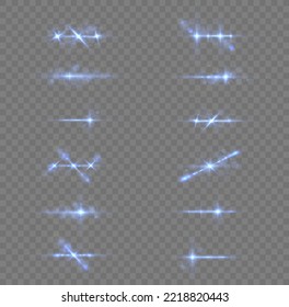 Se establecen líneas de destellos y luces transparentes. Resplandor de efecto, rayos de lente solar. Las luces azules rompen el brillo y las secuencias. Explosión estelar brillante, partículas solares borrosas y chispas con efecto de resaltado, vector