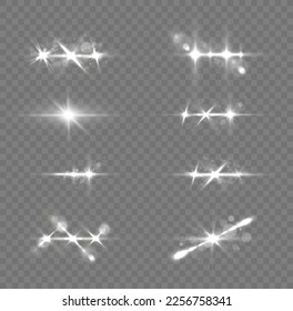 Transparent light flare and sparkles lines set. Effect glare, sun lens rays. Shining star explosion, sun particles blur and sparks with highlight effect. White lights bokeh glitter and sequins, vector