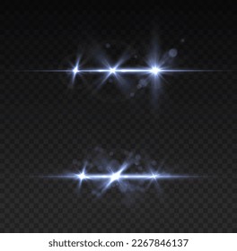 Transparent light flare. Sun particles and sparks with highlight effect. Blue lights bokeh glitter or sequins. Lens flare sparkles, shiny glowing stars. Glare, lines, explosion, vector illustration