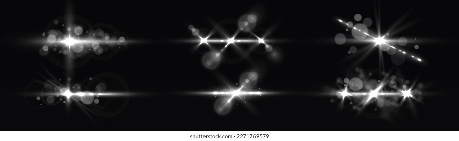 Transparent light flare. Sun particles and sparks with highlight effect. Silver lights bokeh glitter or sequins. Lens flare sparkles, shiny glowing stars. Glare, lines, white explosion, vector